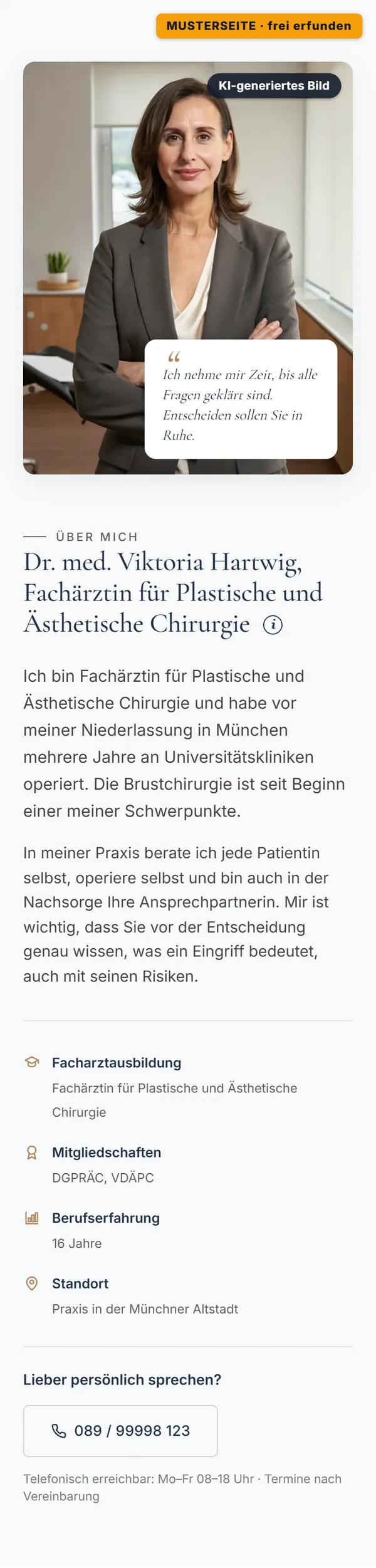 Ausschnitt der Musterseite am Handy: Man entscheidet sich für eine Ärztin, nicht für eine Seite.
