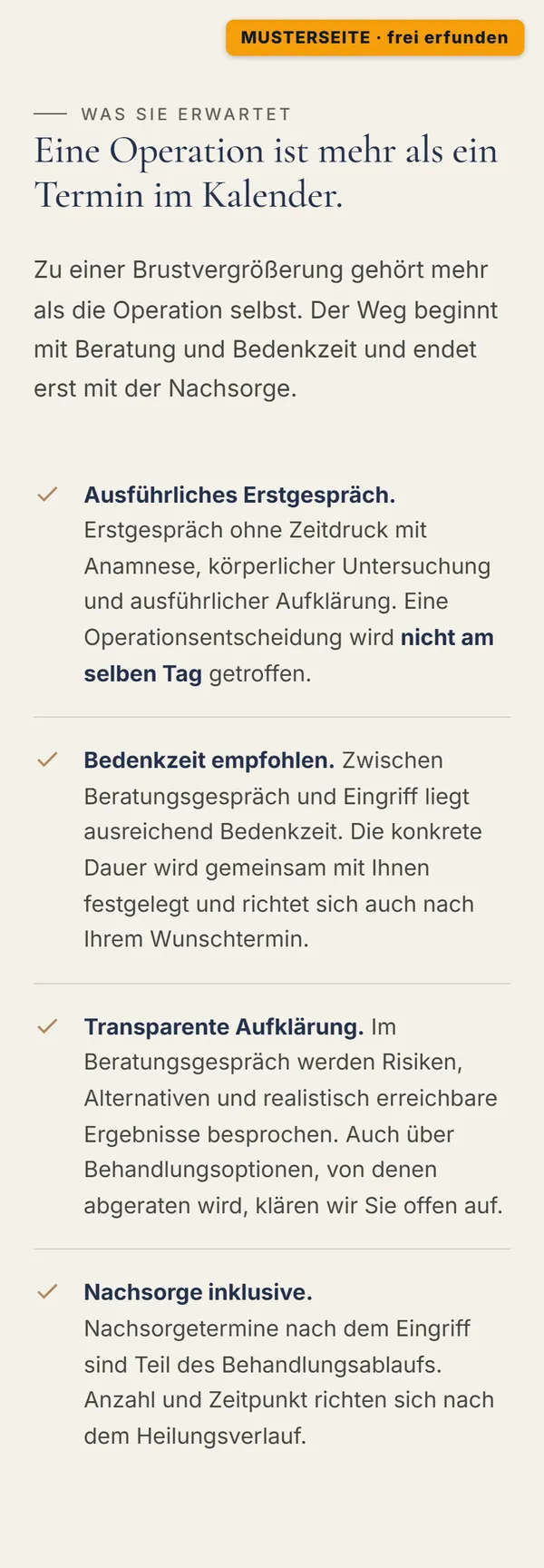 Ausschnitt der Musterseite am Handy: Aufklärung und Bedenkzeit nehmen den Druck heraus.