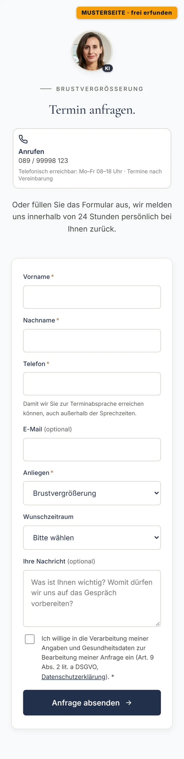 Ausschnitt der Musterseite am Handy: Die Anfrage braucht nur wenige Angaben.