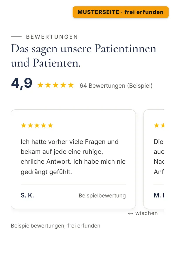 Ausschnitt der Musterseite am Handy: Bewertungen stehen dort, wo Zweifel aufkommen.