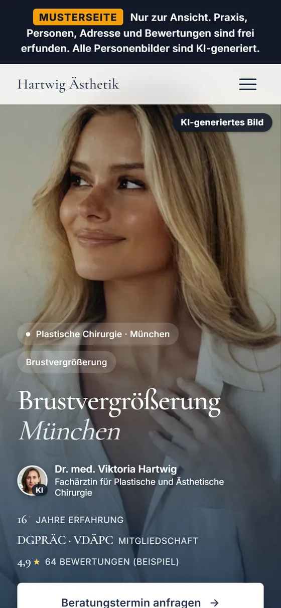 Musterseite Brustvergrößerung München am Handy, gekennzeichnet als erfundene Praxis mit KI-generierten Bildern.