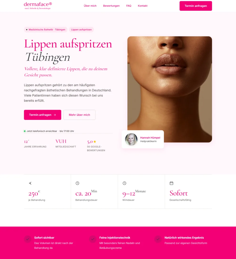 Screenshot der Landingpage Lippen aufspritzen in Tübingen